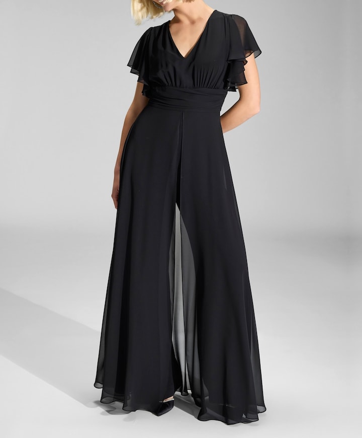 Chiffon Jumpsuit mit ?berrock und V dames jumpsuit zwart