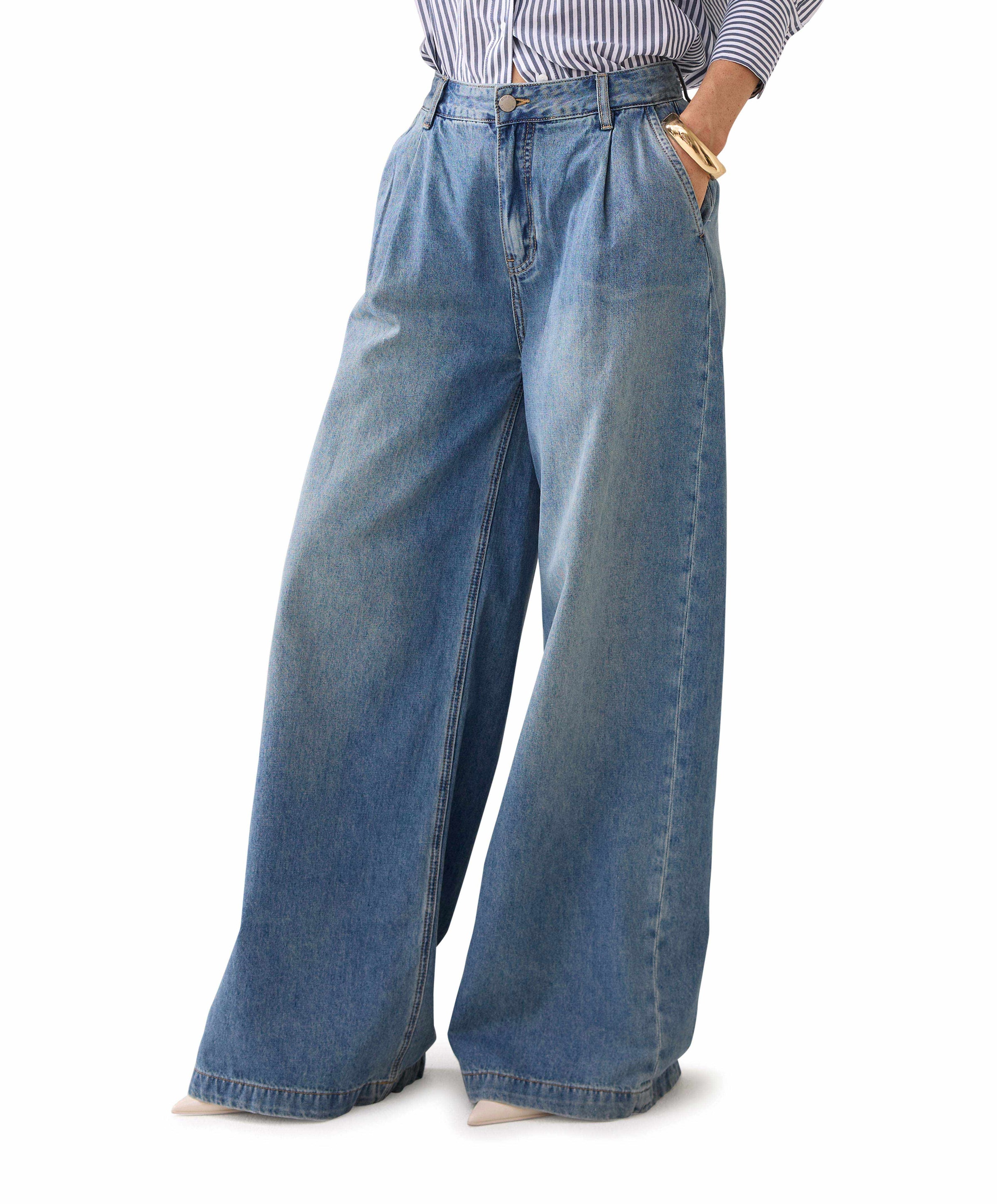 Wide leg vintage cotton twill jeans blauw
