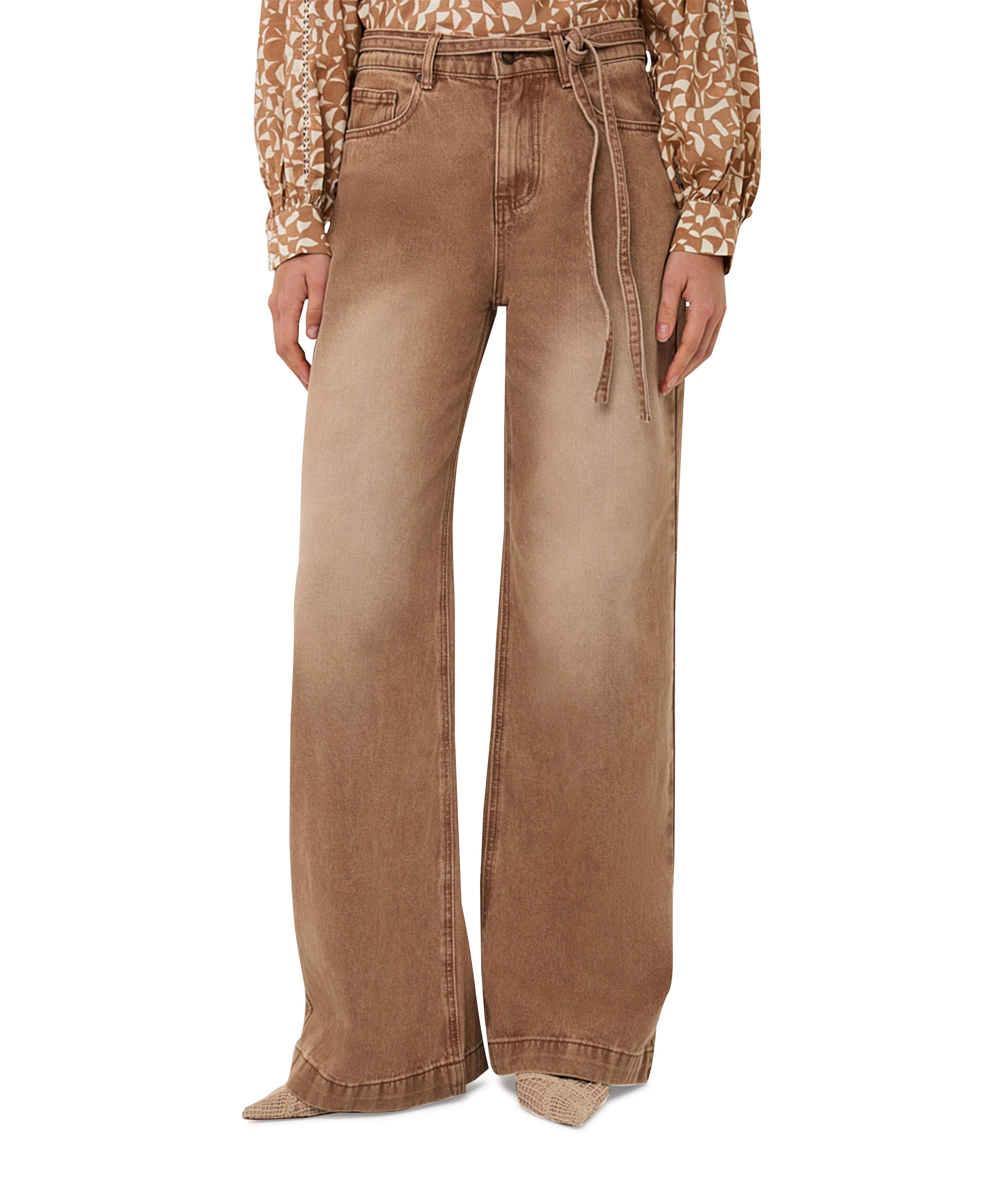 Colored belt wide leg dames jeans bruin