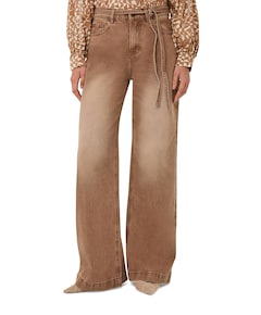 Colored belt wide leg dames jeans bruin