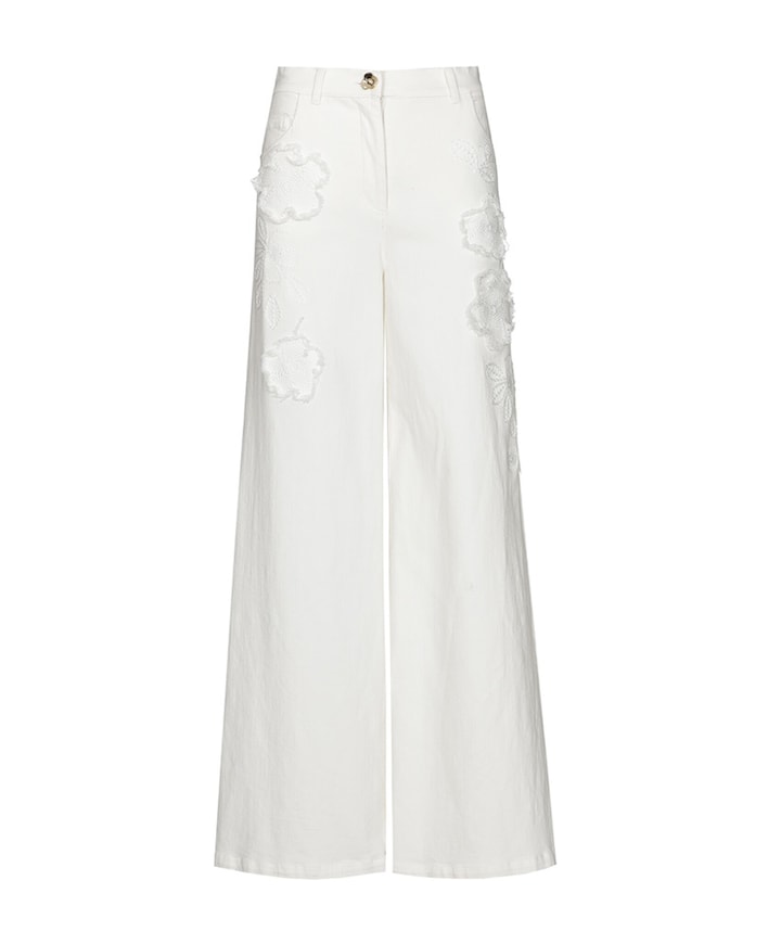 katoen effen broderie dames broek ecru