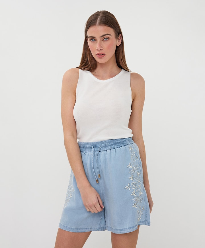 Embroidery chambray dames korte broek blauw