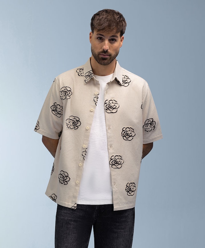 Heren overhemd korte mouw beige