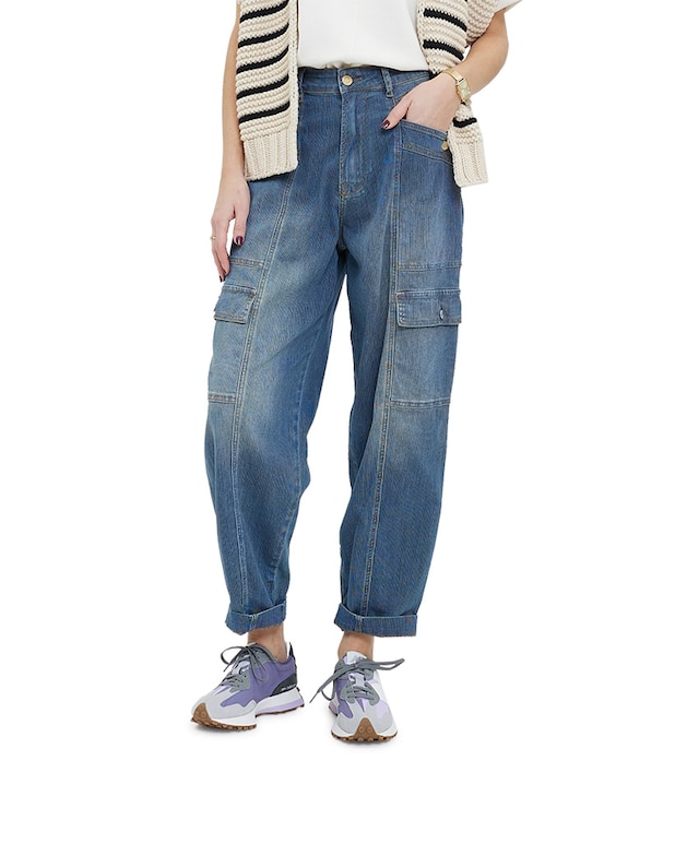 Cargo jeans printed stripe denim blauw