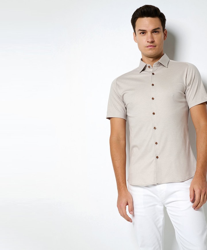 Overhemd korte mouw beige