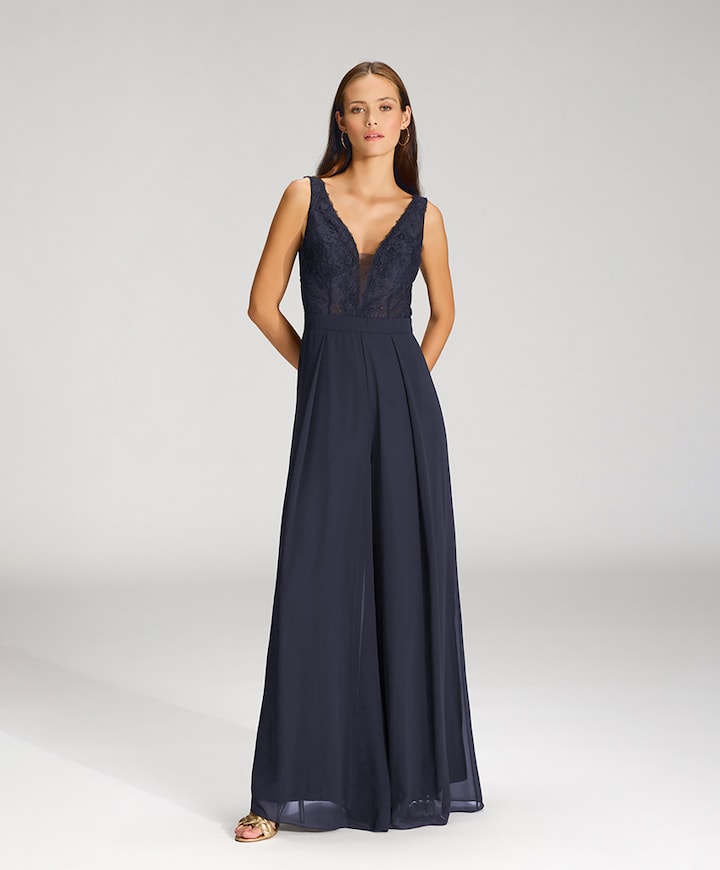 Jumpsuit mit Spitzentop und ausgest dames jumpsuit blauw