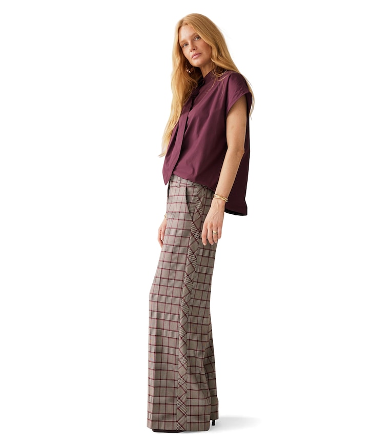 Check burgundy dames broek grijs