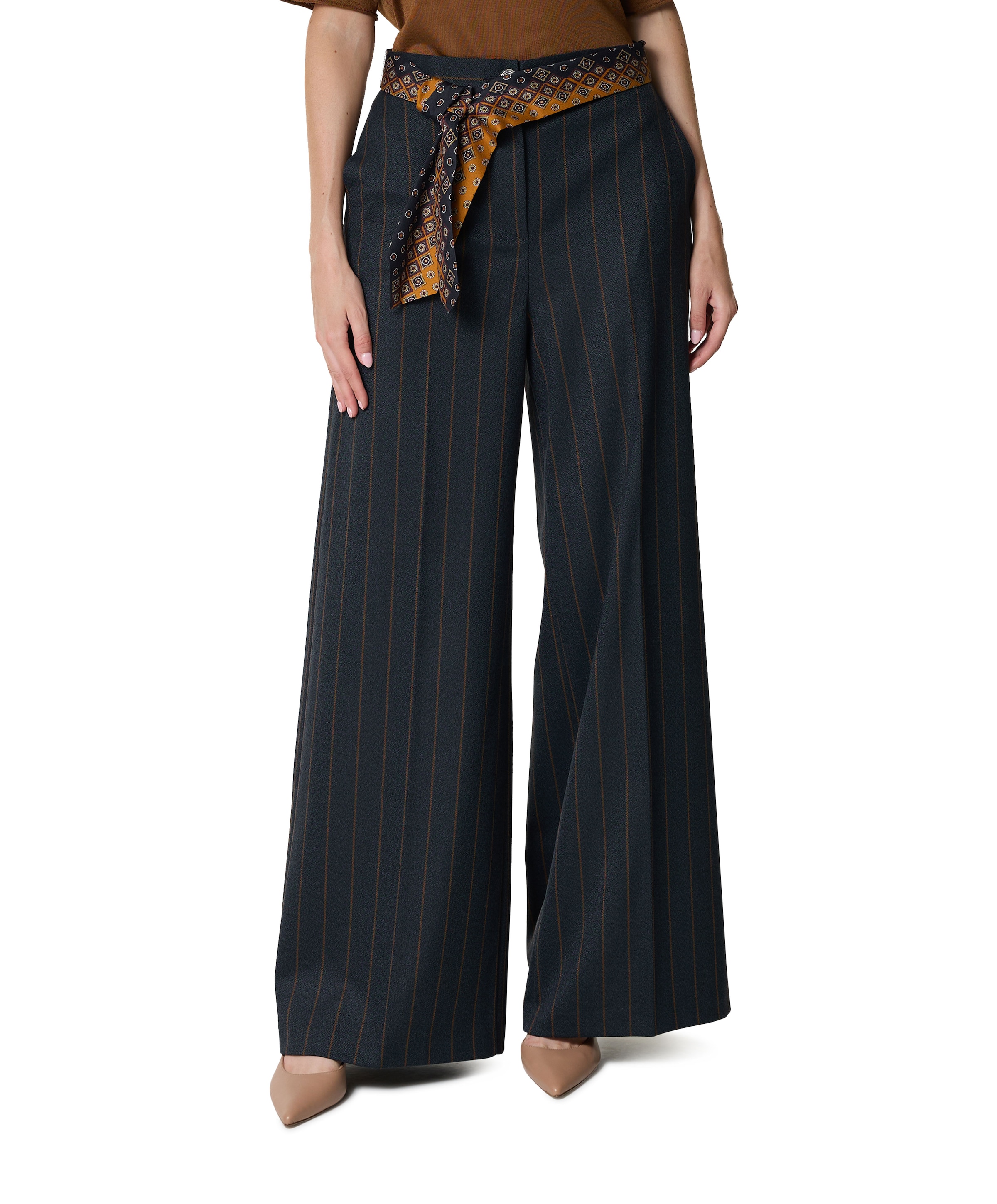 gestreept-ceintuur dames pantalon blauw