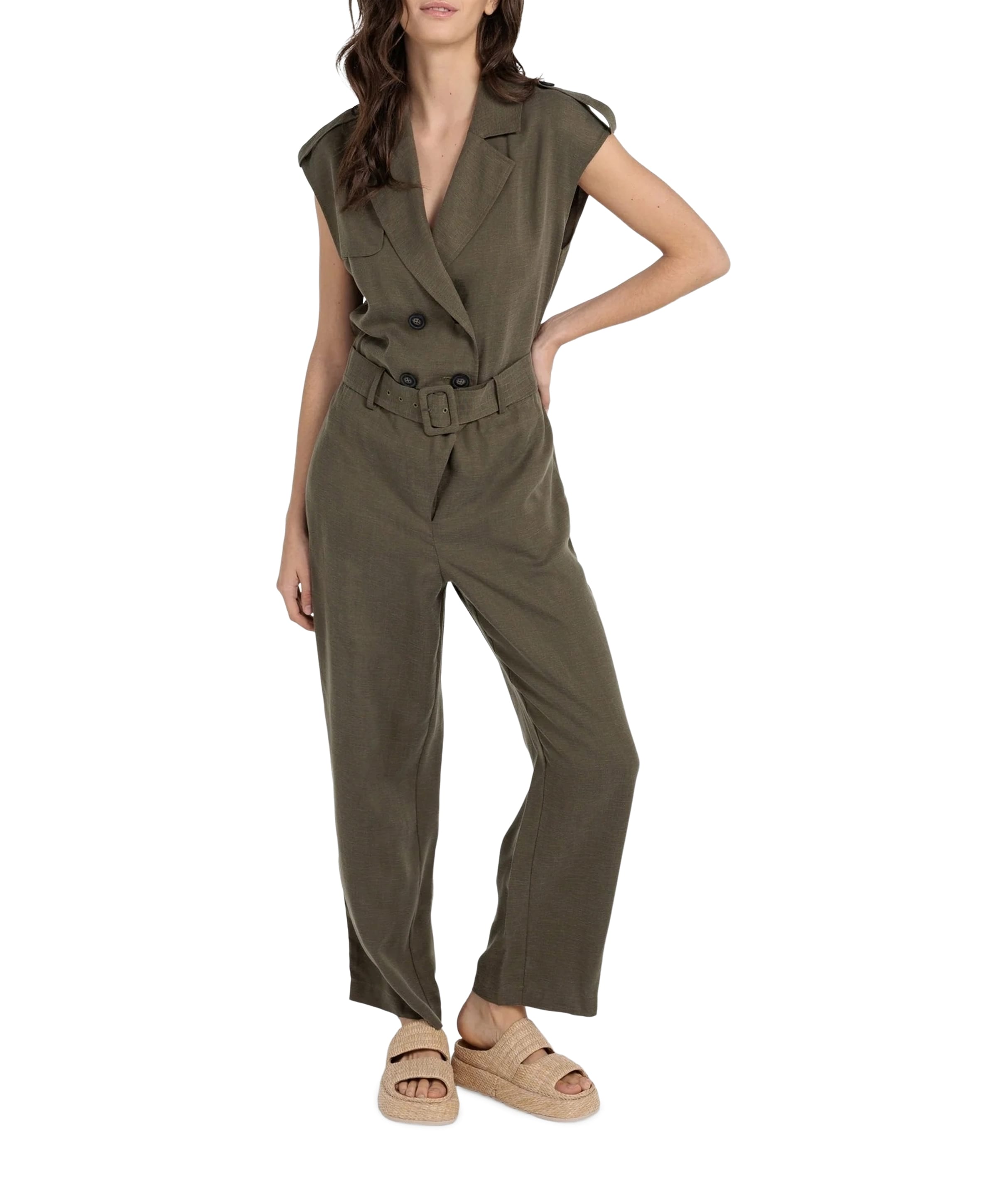 Linen mix woven with dames jumpsuit groen