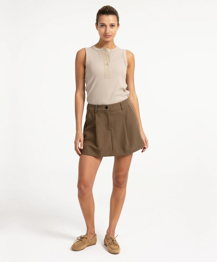 Geweven met plooien dames skort bruin