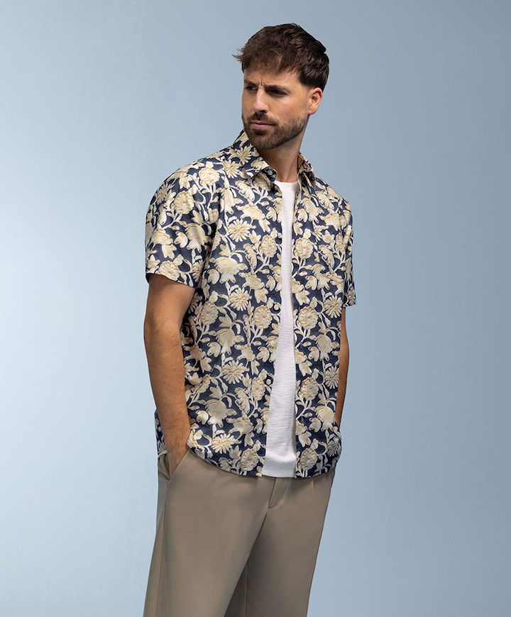 Heren overhemd korte mouw blauw