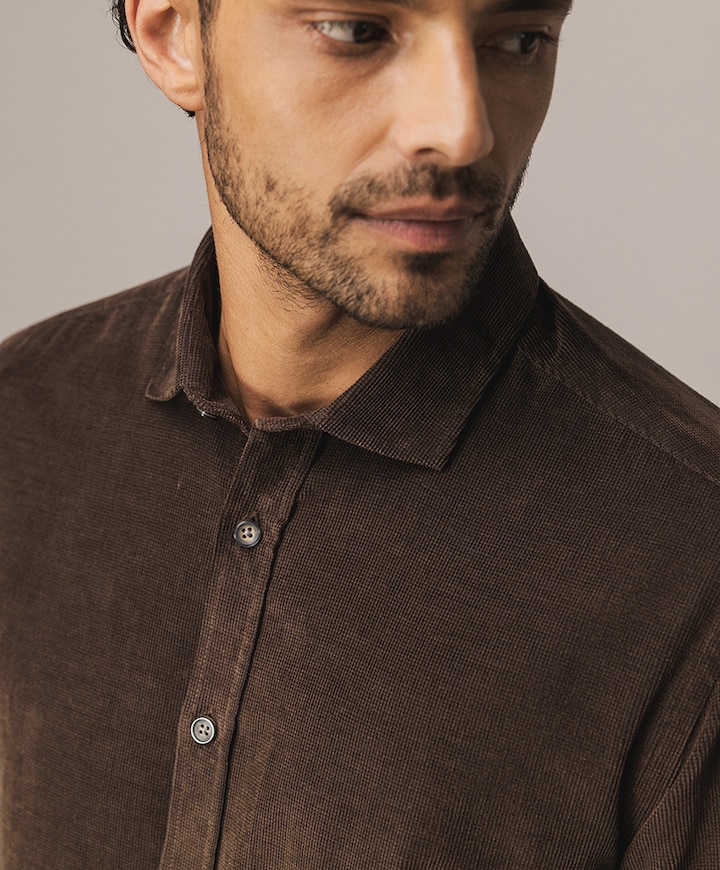 Heren overhemd lange mouw bruin