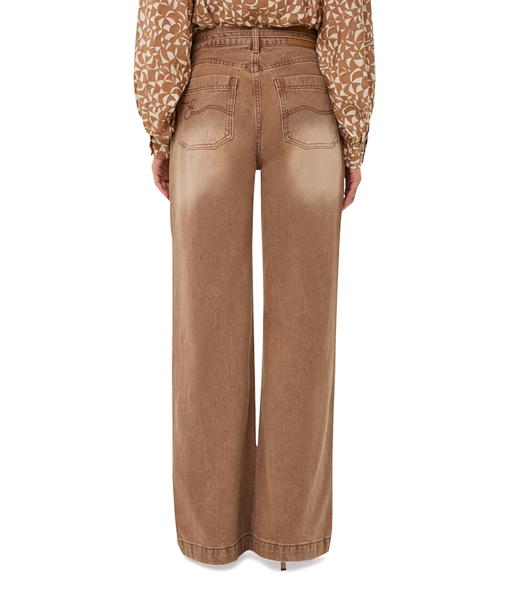 Colored belt wide leg dames jeans bruin