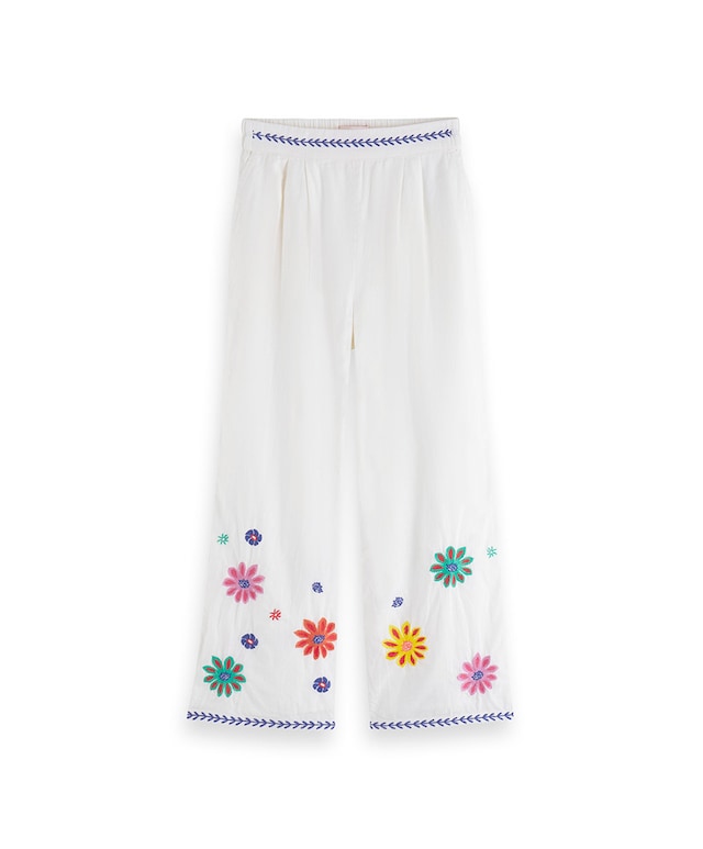 Cropped flower embroidery pants broek ecru