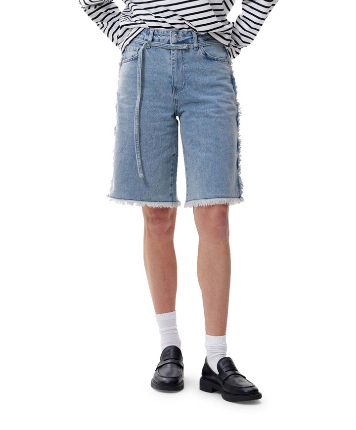 Loose fit fringed bermuda blauw