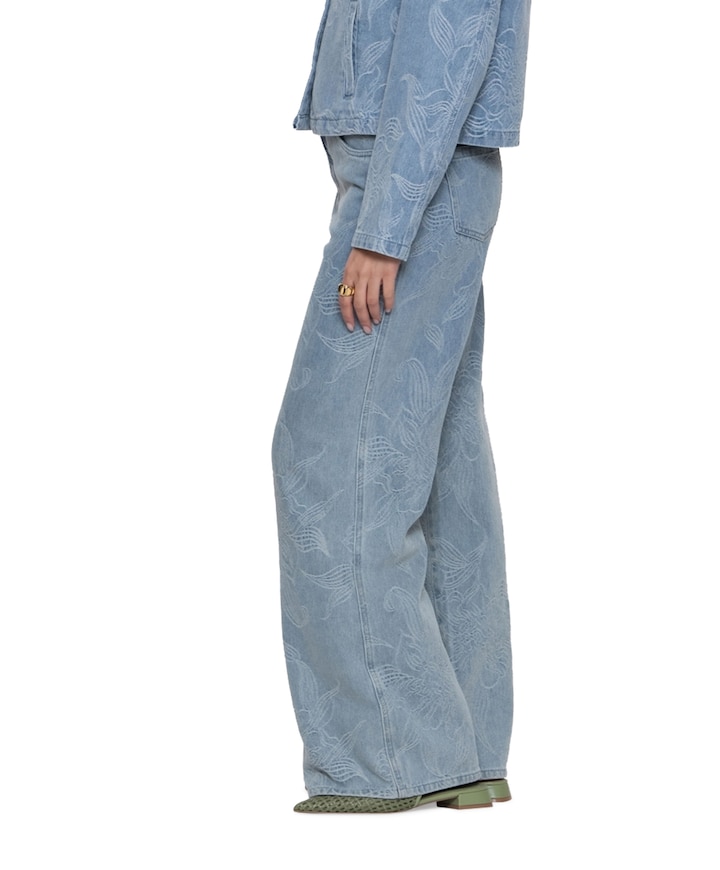 Wide jacquard flower dames jeans blauw