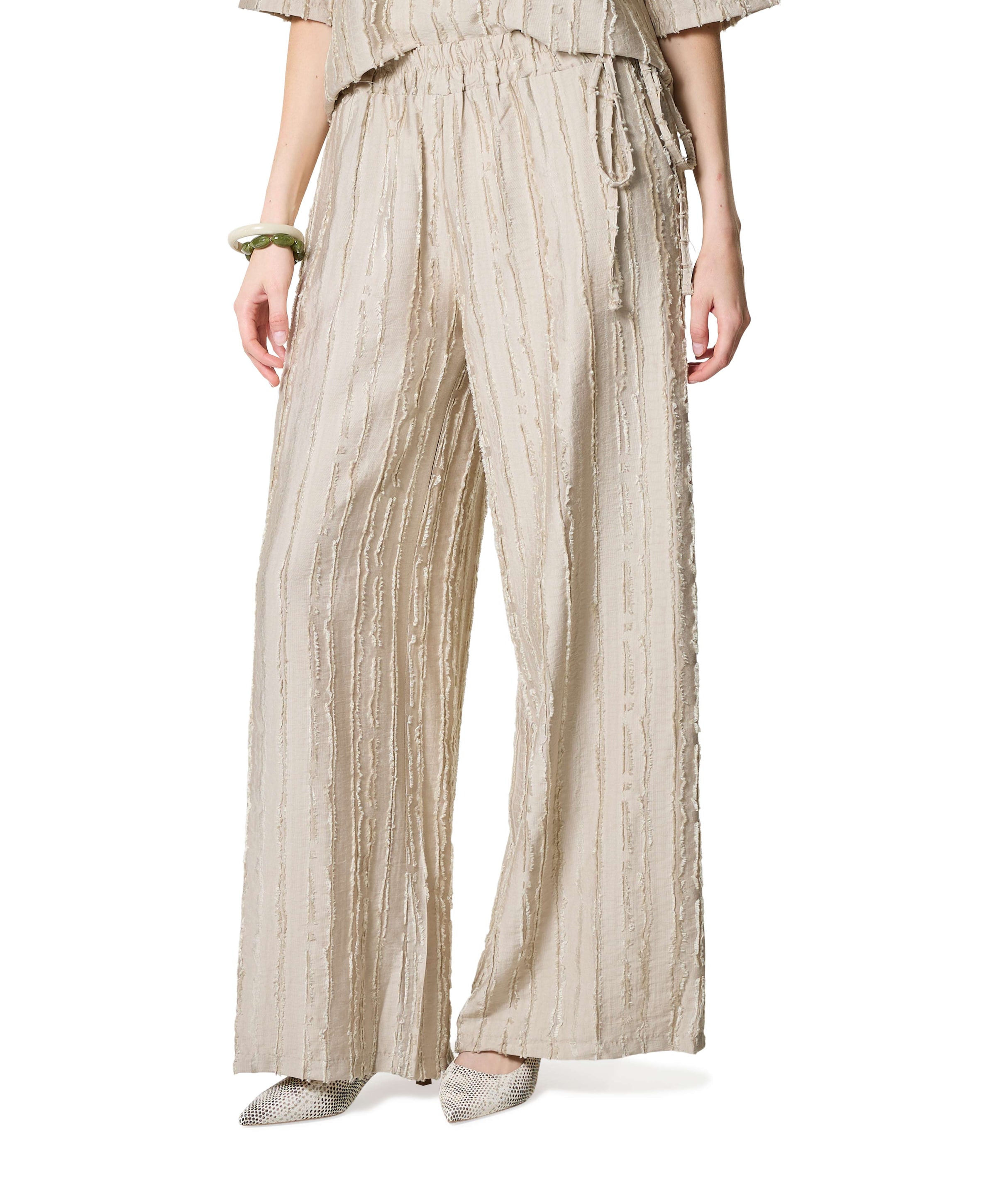 Wide leg structuur dames broek beige