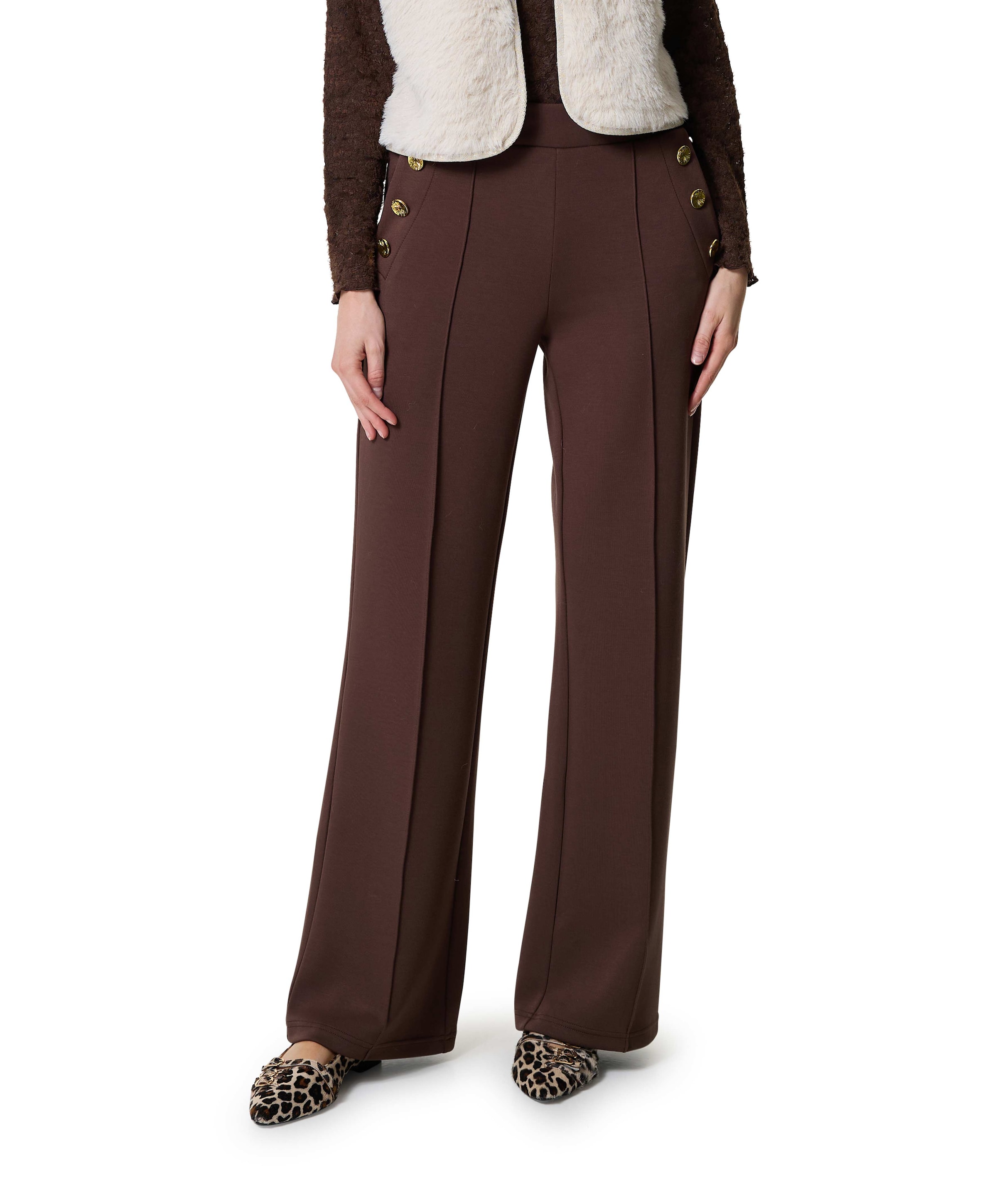 Technical Sweat Wide-Leg Button dames broek bruin