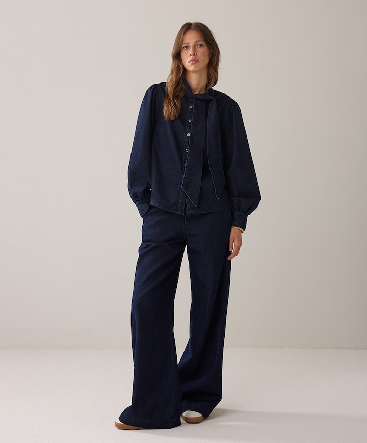 Wide leg Cotton lurex denim dames jeans blauw