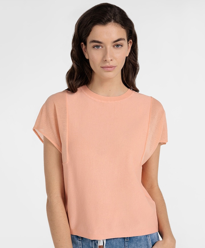Dames top met transparante mouwen peach