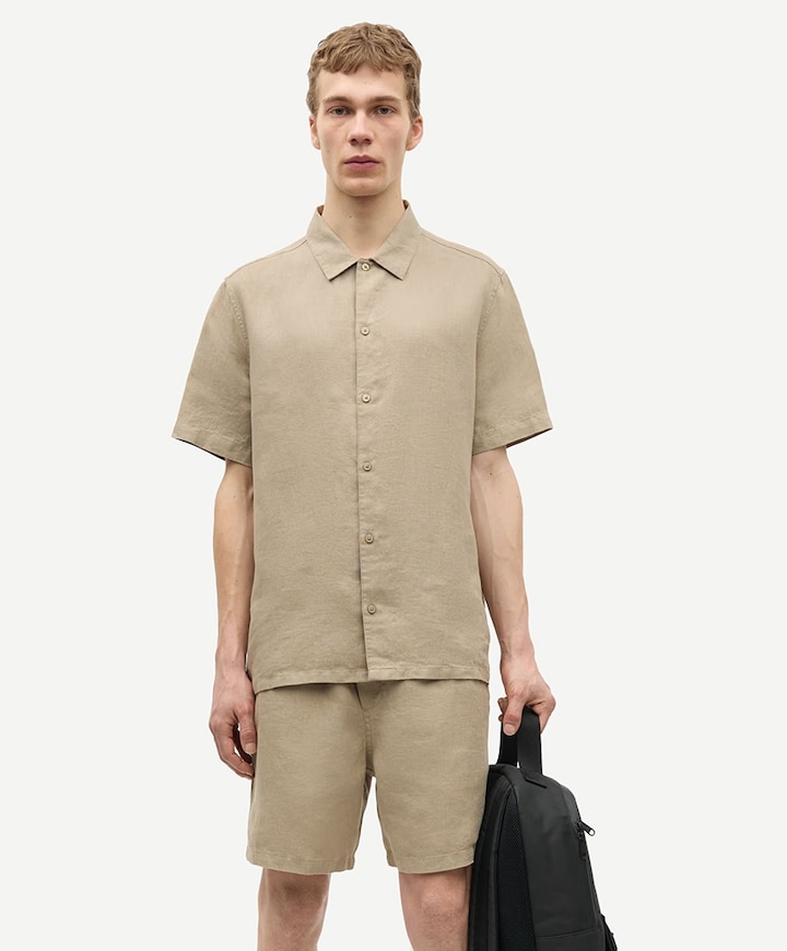 Heren overhemd korte mouw beige