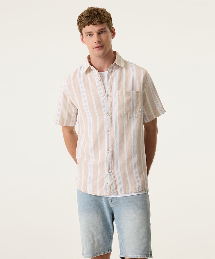 Heren overhemd korte mouw beige