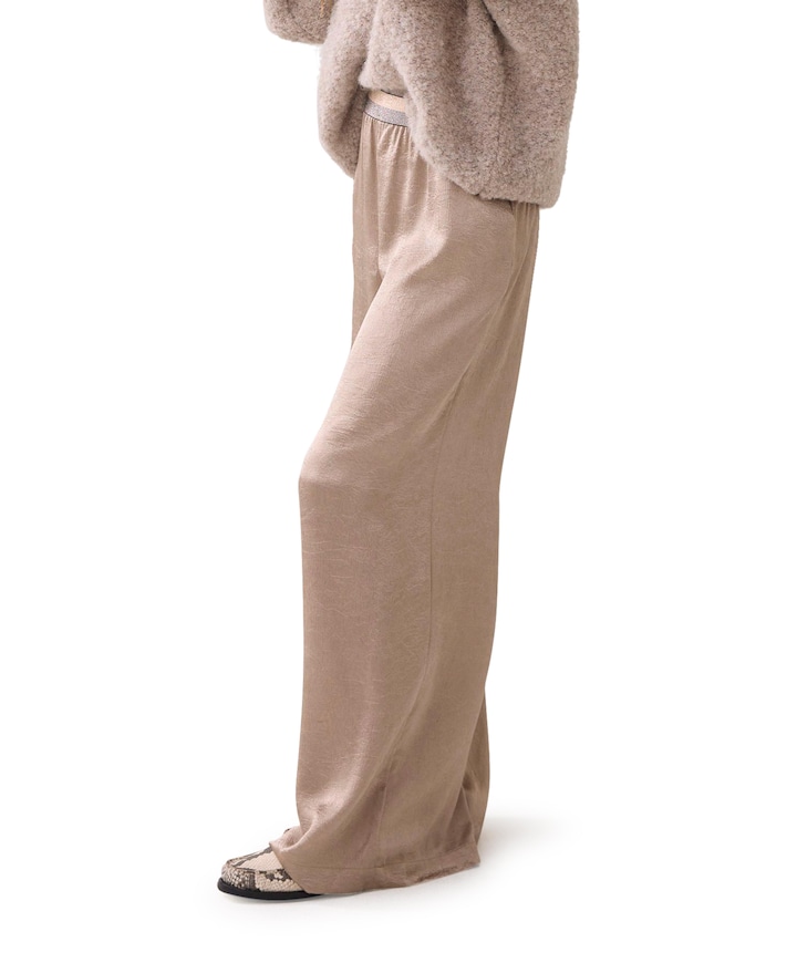 Crinkle satin broek beige