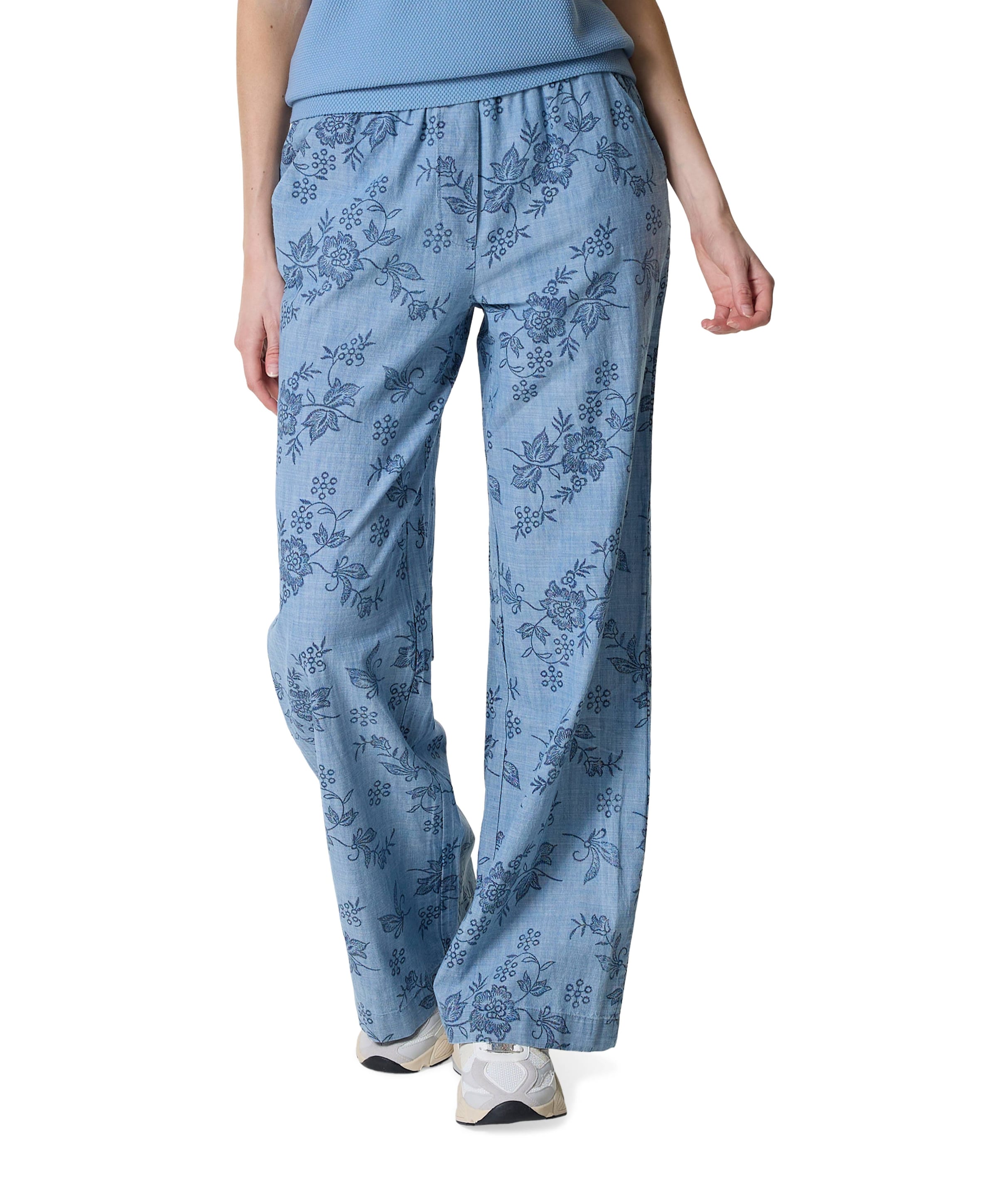 Chambray print dames broek blauw