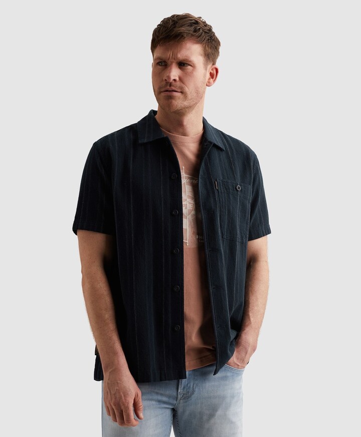 Heren overhemd korte mouw blauw