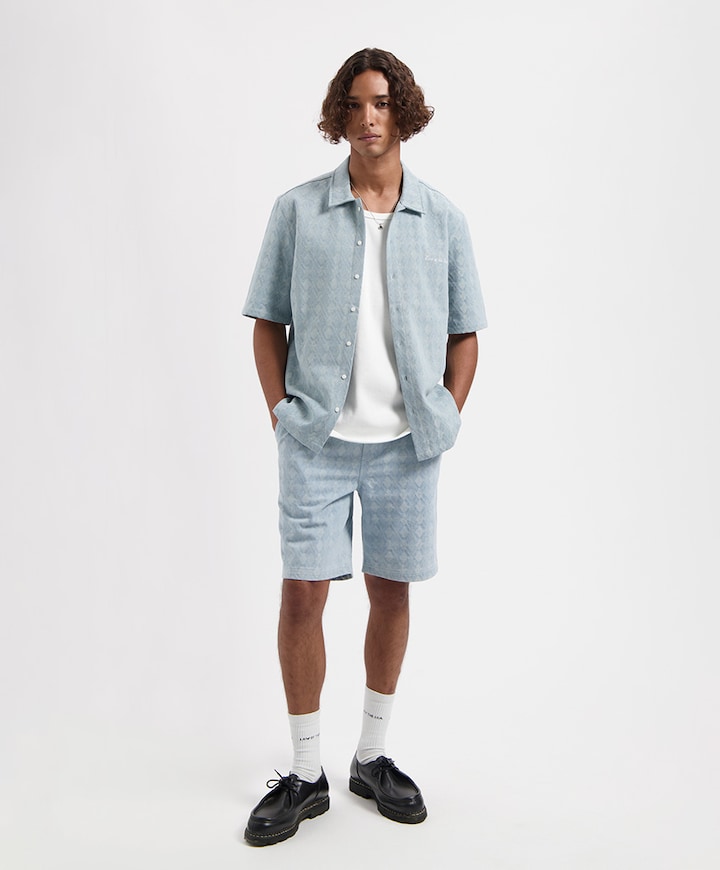 LAZORN BLEACHED DENIM JACQUARD SHORT heren korte broek blauw