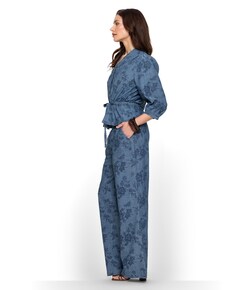 Chambray print dames broek blauw
