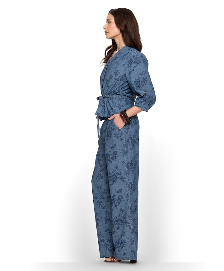 Chambray print dames broek blauw