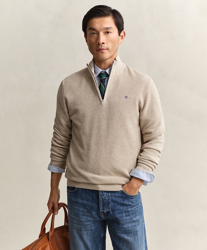 Heren trui met rits beige