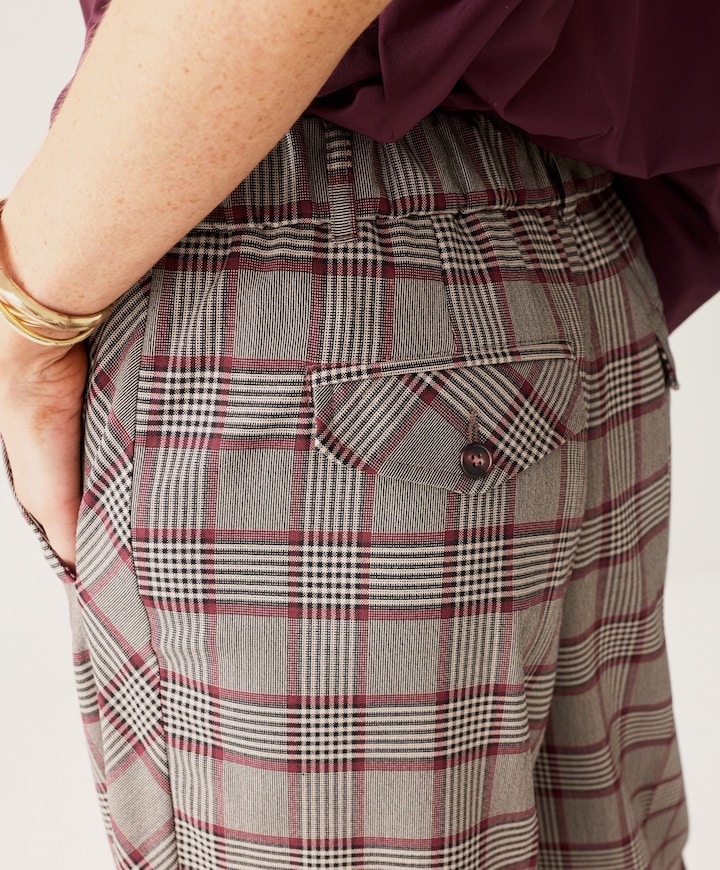 Check burgundy dames broek grijs
