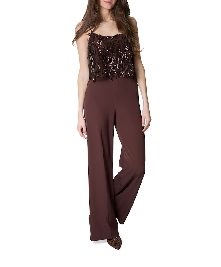 Tuta paillettes con frange dames jumpsuit bruin