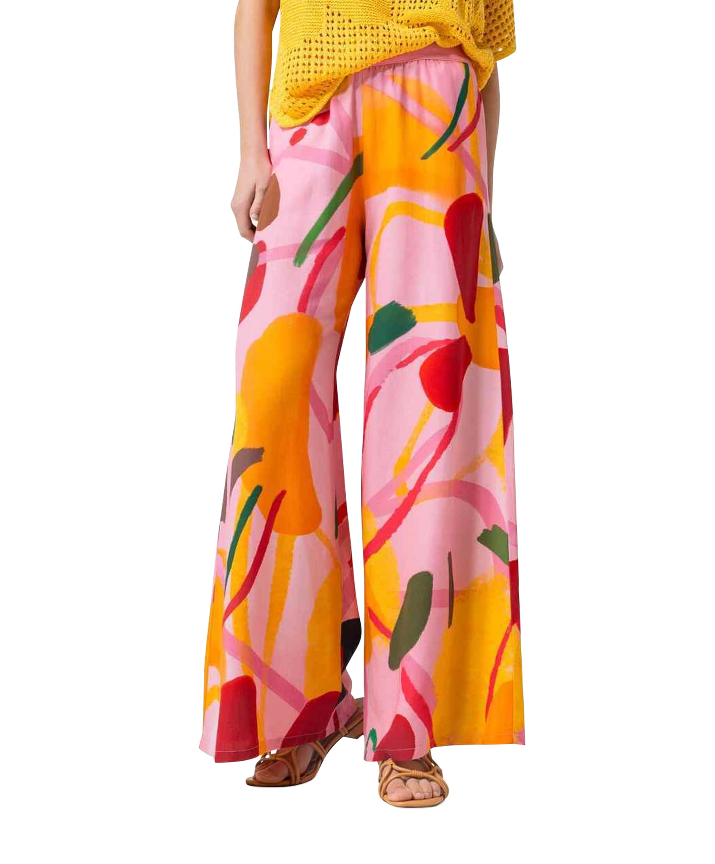 viscose linnen mix bedrukt elastiek dames broek roze