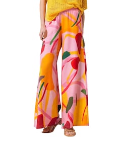 viscose linnen mix bedrukt elastiek dames broek roze