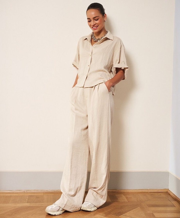 Fine crinkle dames broek beige
