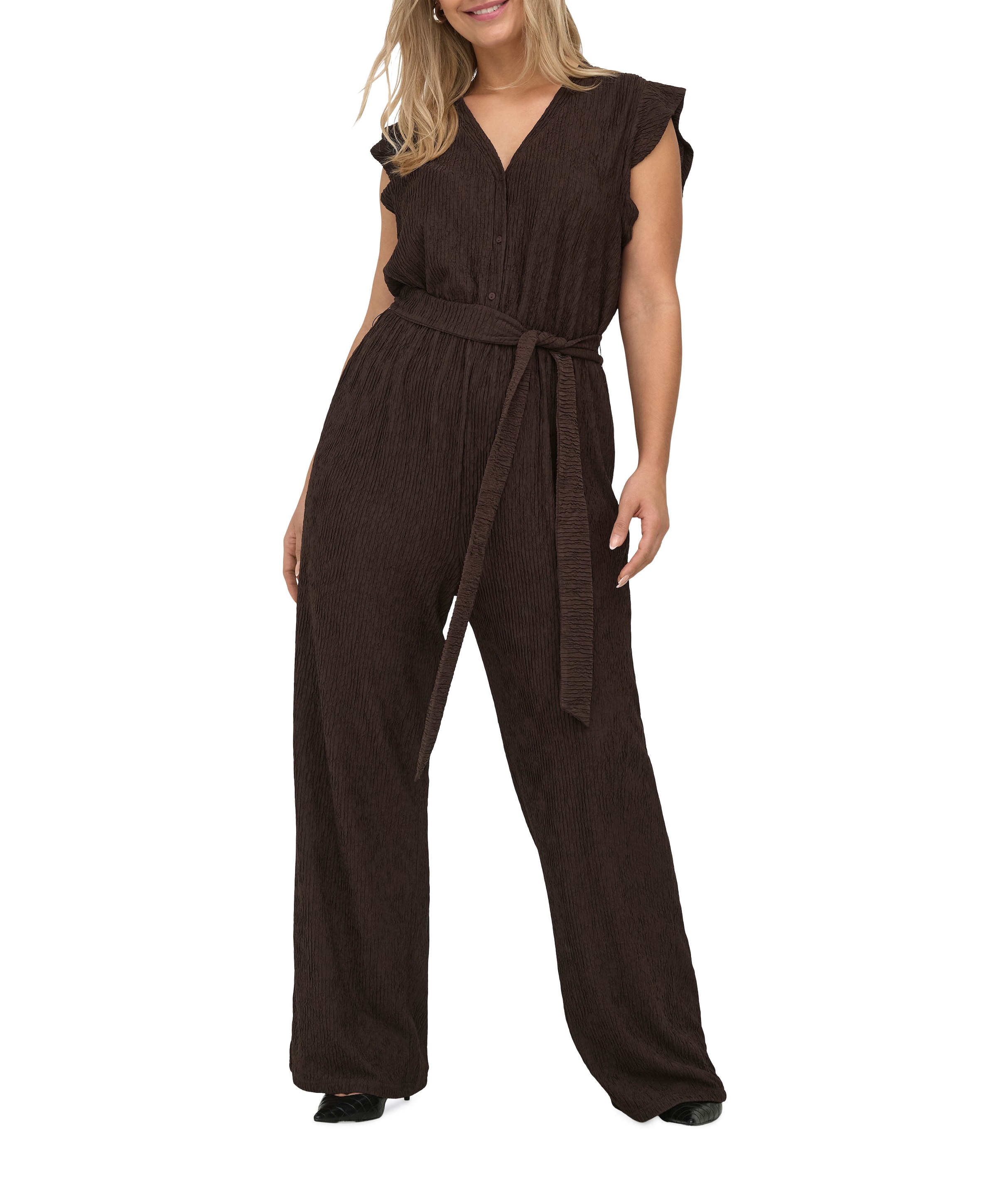 CARREINA SS FRIL VNECK JRS dames jumpsuit bruin