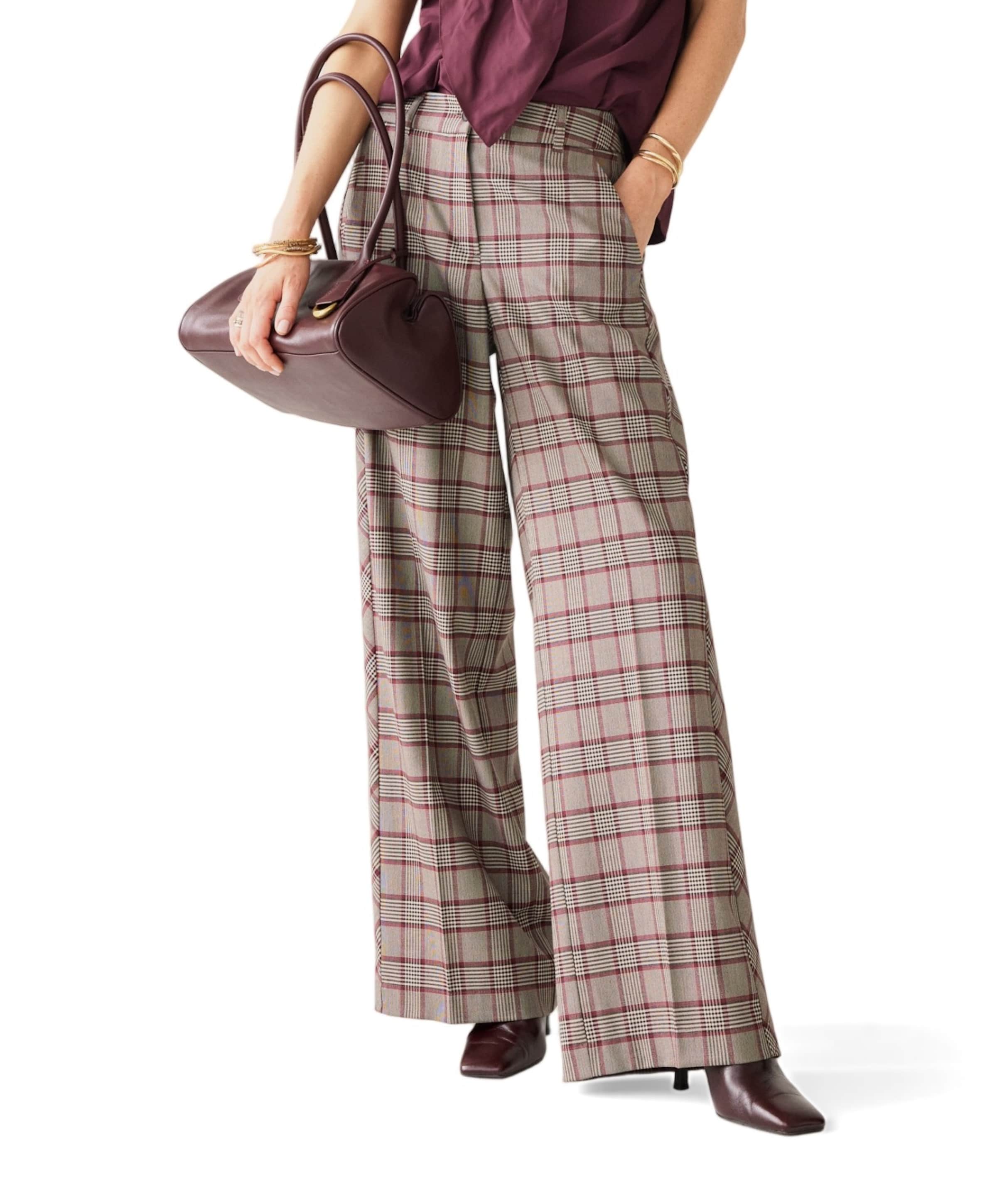 Check burgundy dames broek grijs