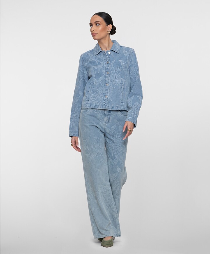 Wide jacquard flower dames jeans blauw