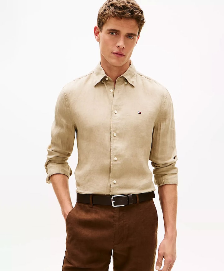 Heren overhemd lange mouw beige