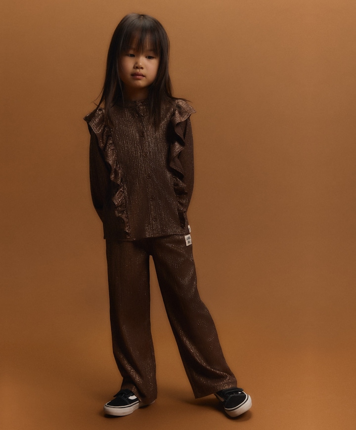 knitted shiny wide leg meisjes broek bruin