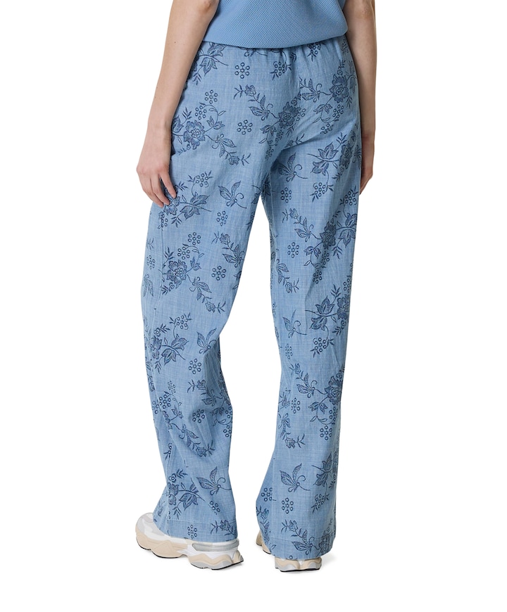 Chambray print dames broek blauw