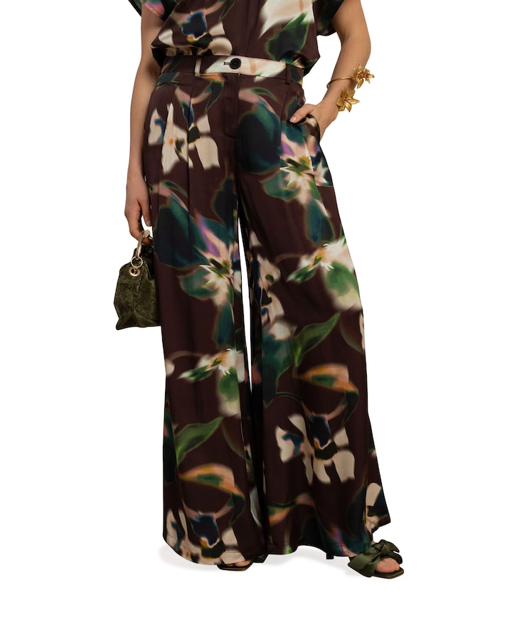 Sien satin flower dames broek bruin