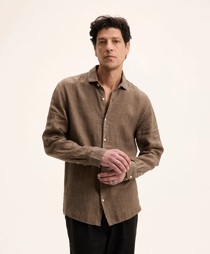 Heren overhemd lange mouw beige