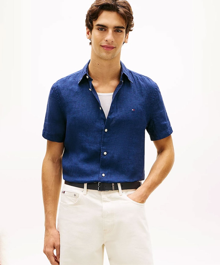 Heren overhemd korte mouw blauw