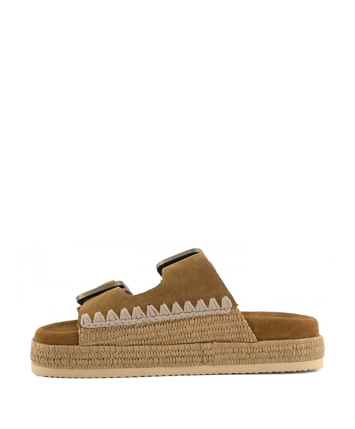 Two-buckle sandal raffia dames sandalen bruin