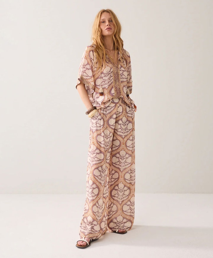 Art deco print dames broek beige