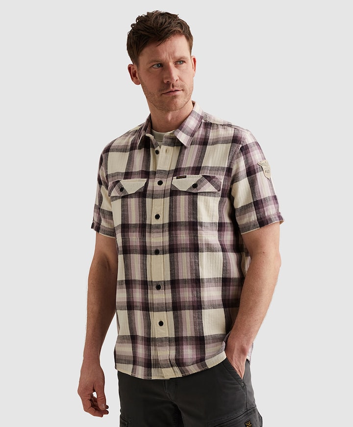 Heren overhemd korte mouw paars